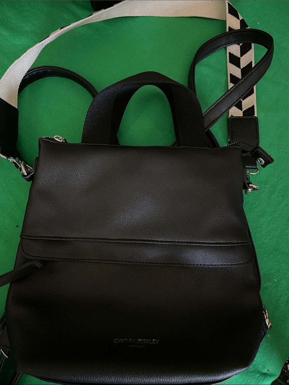Cynthia Rowley Black Leather Convertible Backpack Tote with Contrast Strap